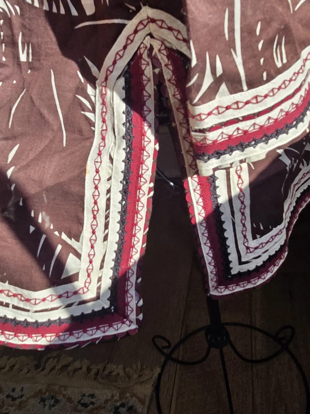 Tory Burch Brown White Leaf Print Embroidered Trim Cotton Tunic Blouse 14 EUC